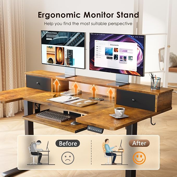 OffiGo U Shaped Electric Standing Desk with Drawers, 55 Inch Height Adjustable Desk with Keyboard Tray ＆ Ergonomic Monitor Stand, Sit Stand Table with Power Outlets for Home, Office, Rustic Brown
