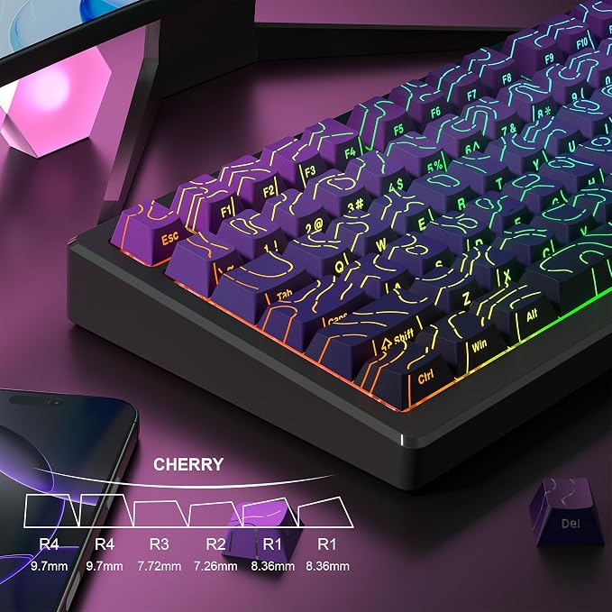 dagaladoo Topographic keycaps Line Backlit Gradient Purple keycaps Shine Through Keyboard Keys Side Printed Key caps Cherry Profile keycap Set for 61/64/66/68/71/75/84/87/100 Mechanical Keyboards