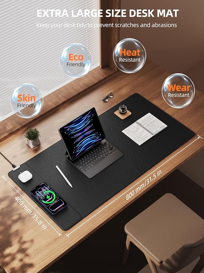 TopMade Mouse Pad with 15W Wireless Charging, XXL Large Leather Desk Mat, Waterproof Gaming Mousepad Home Office Desk Pad Protector, Black (Includes 20W PD Power Adapter & 6.56ft Woven Cable)