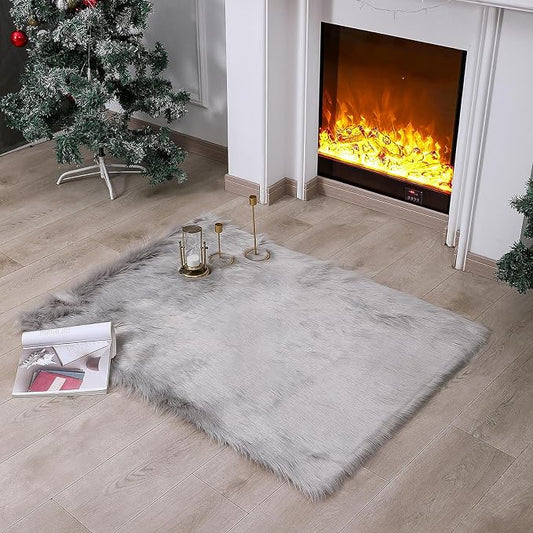 linmopm Faux Fur Sheepskin Rug, Grey, 3x4 ft | Shag Fluffy Fuzzy, Rectangle, High-Density Cushion, For Bedroom Bedside Living Room, Plush Sofa Cover