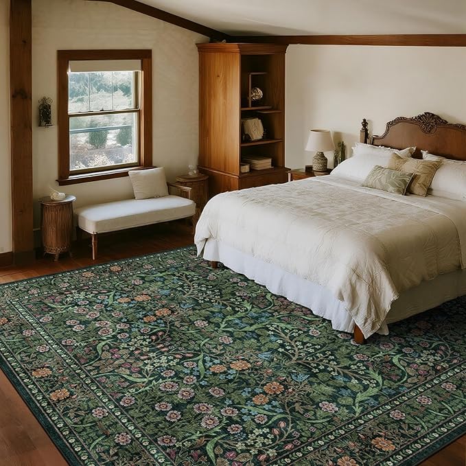 Moss Green 9x9 Square Rug - Soft Washable Boho Floral Living Room Rug Non Slip Stain Resistant Vintage Retro Dark 9' Square Area Rugs for Bedroom Guest Room Dining Room Rugs for Under Table