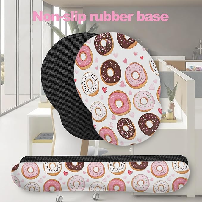Cute Pink Donut Ergonomic Wrist Support Keyboard Mouse Wrist Rest Set, Computer Office Comfortable Wrist Rest for Mouse Easy Typing