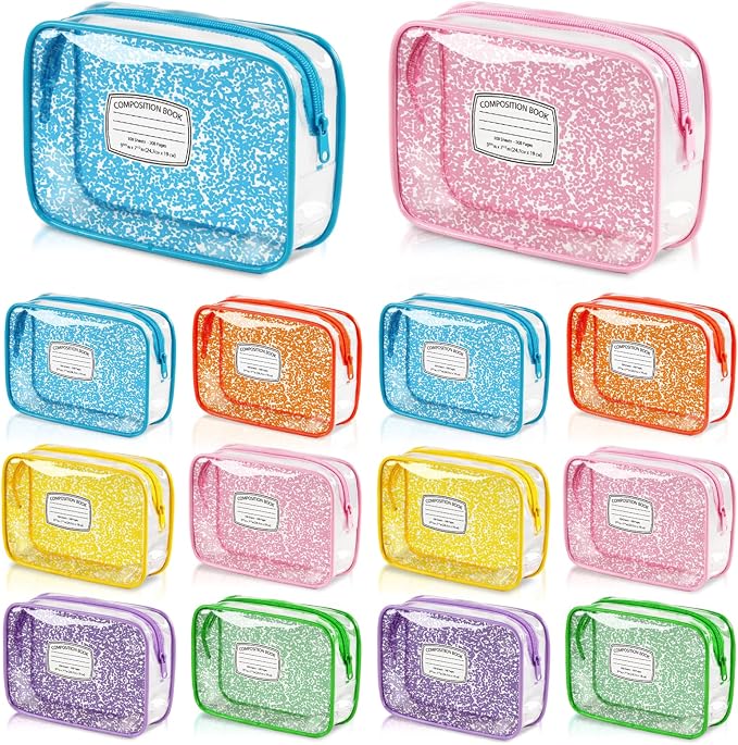 Suclain 12 Pack Back to School Gift for Teacher, Colorful Composition Book Theme PVC Zipper Organizer Pouches, 7.9 × 5.9 × 2.4 in Storage Bags for Classroom Rewards Teacher Student Gift