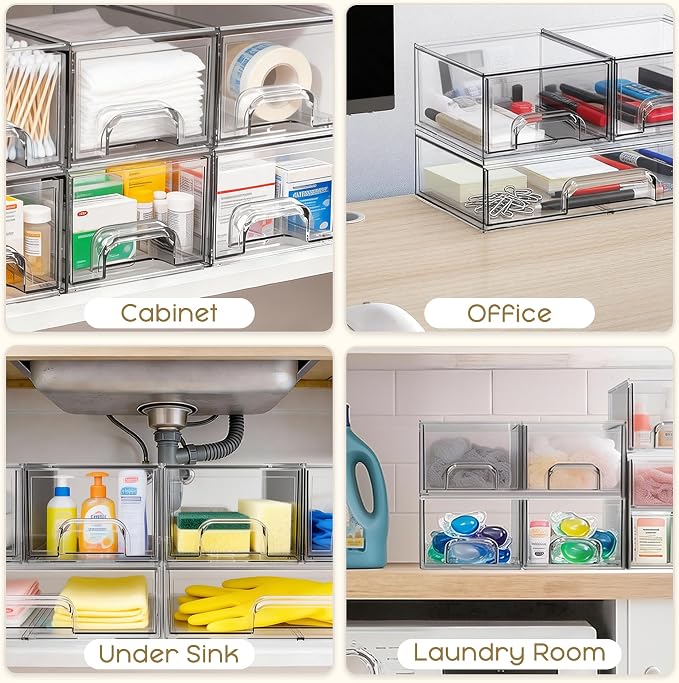 Stackable Storage Drawers, 3 Pack Clear Acrylic Makeup & Bathroom Organizer, Versatile Storage Bins for Vanity, Under Sink, Kitchen Cabinets & Pantry