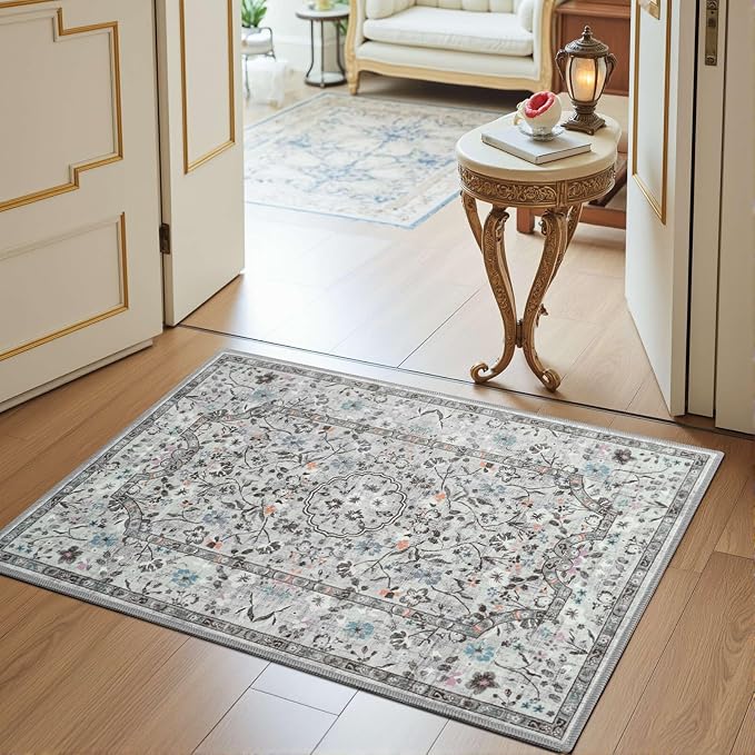 Vasofe 2x3 Area Rug for Bedroom, Small Rugs for Entryway, Kitchen, Bathroom, Non-Slip Washable Carpet Soft Low Pile Vintage Floral Grey Mat Front Door Mats for Indoor Entrance
