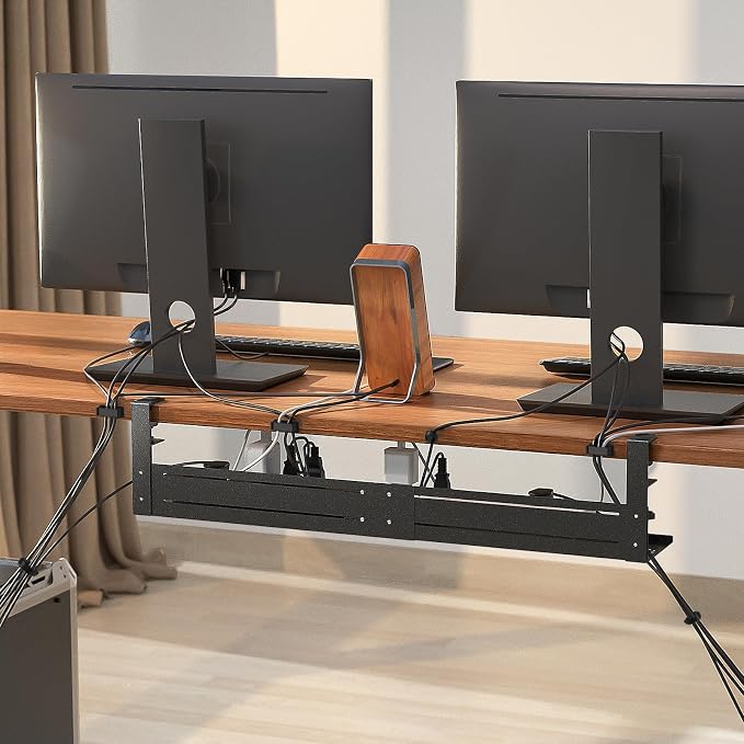 Under Desk Cable Management Tray - 18-29in Retractable Iron Cord Organizer, No-Drill Installation with Anti-Slip Pads, Desk Cable Tray for Office, Gaming,Standing Desks(Black)