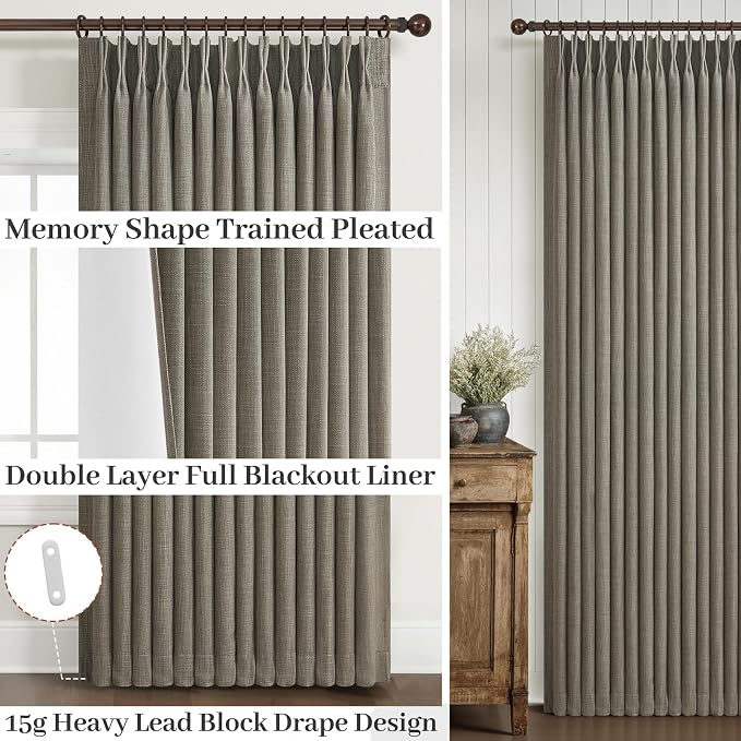 Pinch Pleated Blackout Curtains 96 Inches Long for Bedroom, Sepia Ebony Memory Trained Two Layer Thick Linen Thermal Noise Cancelling Farmhouse Privacy Windows Curtain 40x96 Inch Length 2 Panels Set