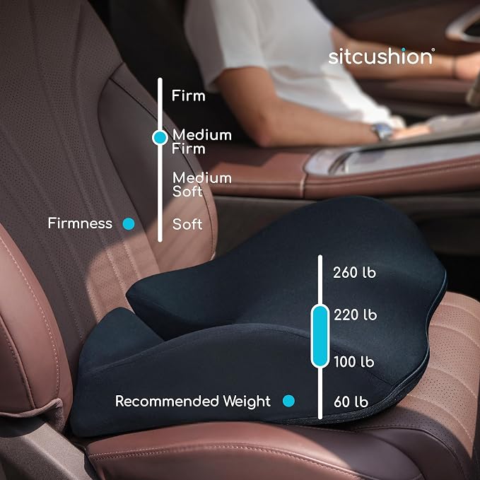 SitCushion Car Seat Cushion for Long Driving – X Large Memory Foam Seat Cushion with Breathable 4D Mesh Cover, Sciatica & Tailbone Pain Relief, Orthopedic Coccyx Cushion for Car, Truck (Black)