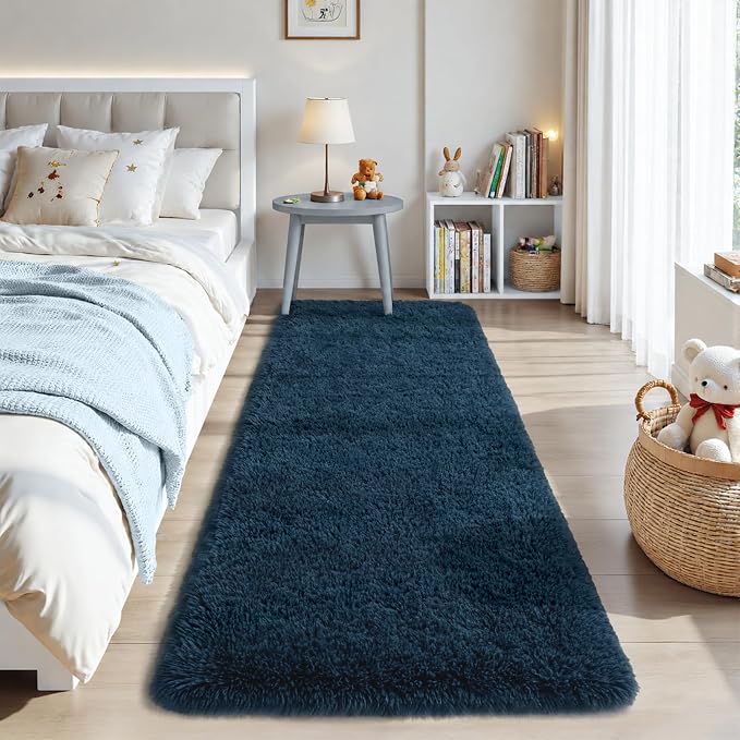 Zentavio Bedside Rugs for Boys Room 2x6 Runner Rugs for Hallway Bedroom Non Slip Fluffy Soft Shaggy Carpet for Kids Home Decor Aesthetic Dorm Nursery Navy Blue