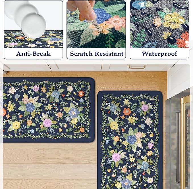 KIMODE Anti Fatigue Kitchen Mats for Floor,Farmhouse Rugs for Kitchen Floor | Cushioned Kitchen Floor Mat Non Slip, Comfort Standing Mat for Laundry Office Bath Sink Desk Dormitory Blue 17"x47"+17"x29"