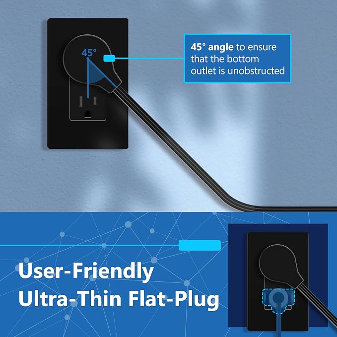 LIDER Outlet Extender with 3 Receptacles, USB-A & 2 USB-C Ports, Ultra-Thin Flat-Plug with Cord Extender, 3-Outlet Power Strip, Slim Angled Design, 5ft Cord, 1250W, ETL Listed, Matte Black