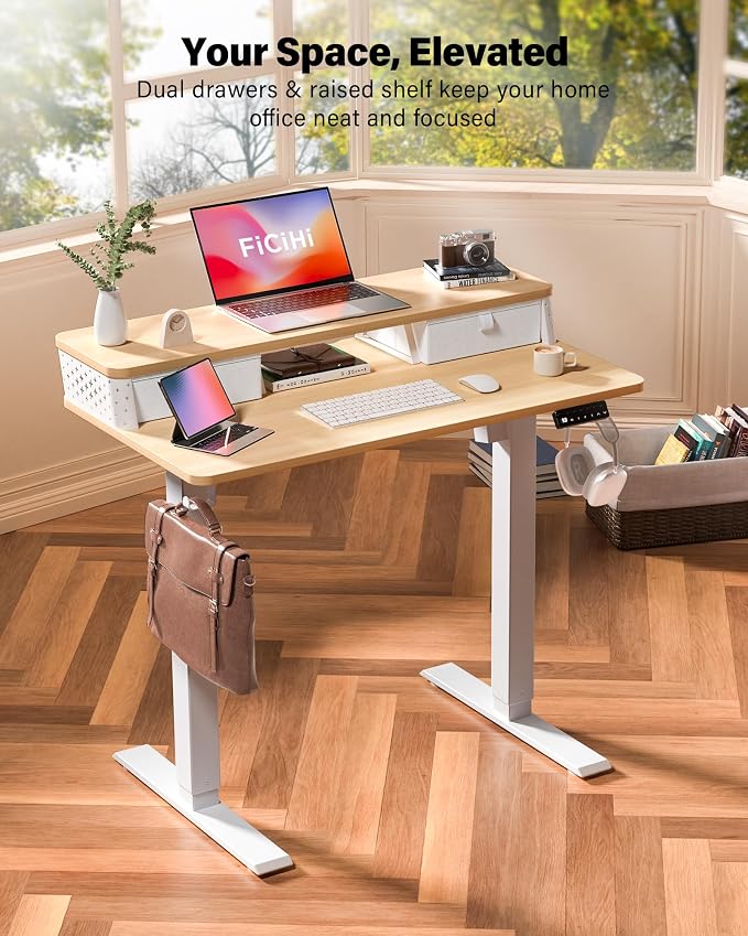 FiCiHi 40x24 Inch Electric Standing Desk, 2 Drawers, Adjustable Height Desk | Small Sit Stand Computer Desks, C-Clamp Compatible Home Office Desk with Monitor Stand, Cable Management, 3 Preset Heights