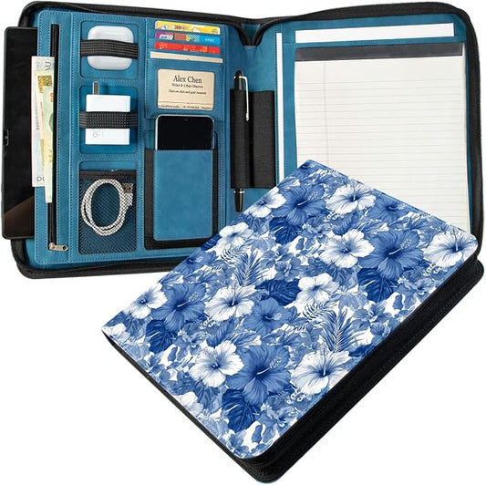 Leather Business Portfolio Organizer 13.4", Padfolio Binder for Women with Zipper, Fits 13" Laptop/Cellphone Charger Legal Pad Portfolio Document Folder ﻿ (Blue Flower)