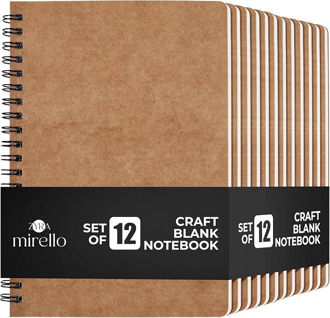 Spiral Kraft Notebooks 8.3” x 5.8”, Set of 12 College Ruled Journals, Thick Paper Writing Notebooks with Brown Cover for School, Office & Travel,60 Sheets Each(120pages)