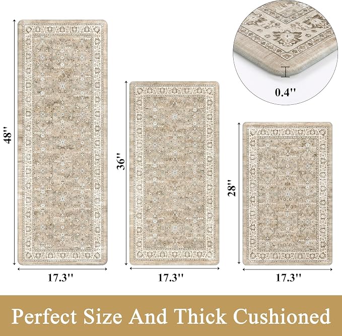 Pauwer Anti Fatigue Kitchen Floor Mats Set of 3, Cushioned Rug, Light Brown | Non Slip Comfort Standing Mat, PVC Foam Padded Kitchen Rugs, Waterproof Sink Rug for Small Kitchen Area, Laundry Room