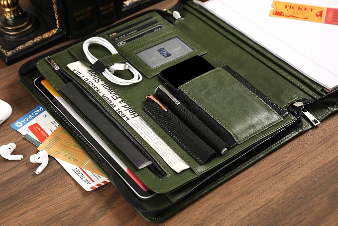 Personalized Leather Portfolio for Men, Business Padfolio with Zipper, Vegan Leather Folio with A4 Writing Pad Holder Organizer for Resume, Interview, Custom Portfolio - Green