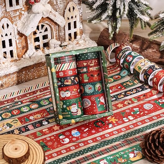 icceemee Christmas Theme Washi Tape Set, 12 Rolls Christmas Washi Tape Writable Decorative Tapes for Scrapbooking, Junk Journal Supplies, Bullet Journaling, 0.6"x79" per Roll