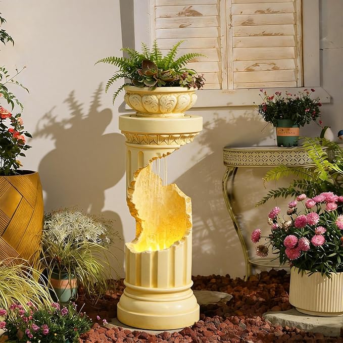 Sunlinua Outdoor Water Fountain with LED Light, Modern Spiral Tiered Outdoor Fountain with Stone Planter Curved Freestanding Waterfall Fountains for Garden Patio Deck Porch