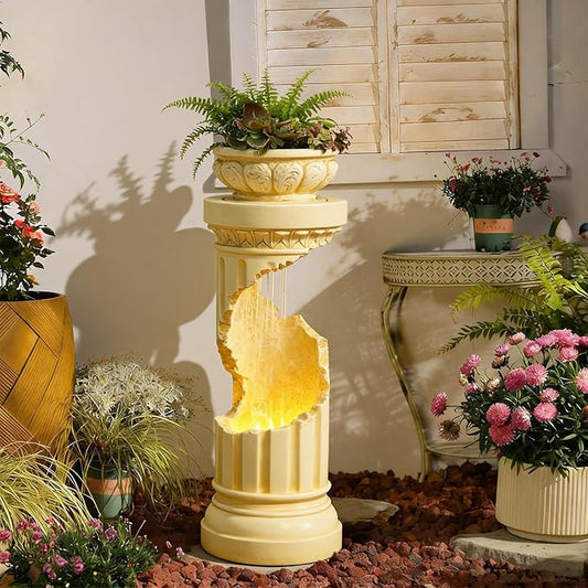 Sunlinua Outdoor Water Fountain with LED Light, Modern Spiral Tiered Outdoor Fountain with Stone Planter Curved Freestanding Waterfall Fountains for Garden Patio Deck Porch