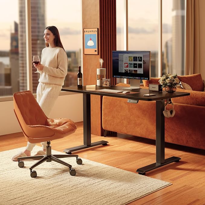 FEZIBO Standing Desk, 63×28 Inches Electric Height Adjustable, Sit Stand Up, Computer Office Desk with Splice Board, Black Frame/Black TOP