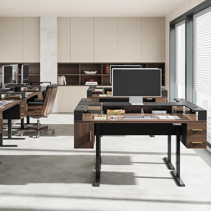 ModernMate 61'' Electric Standing Desk with Drawers, Dual Cup Holders | Height Adjustable Desk, Built-in Power Outlet & USB Ports, Monitor Stand, Sit Stand Table for Home Office, Black Walnut