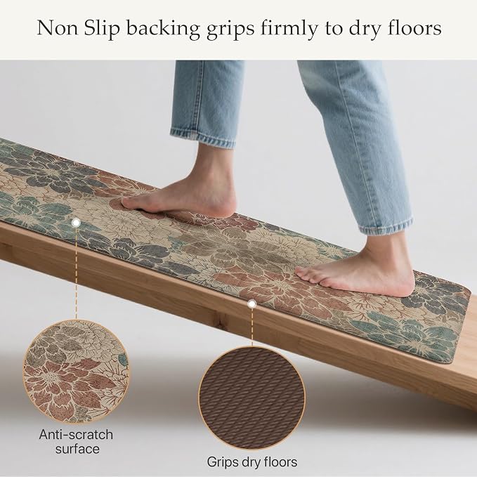 GENIMO Anti Fatigue Kitchen Mats for Floor 2PCS, Cushioned Standing Mats | 17.3"x47"&17.3"x30", Brick red vintage floral rug set, waterproof, non slip, easy-clean for farmhouse