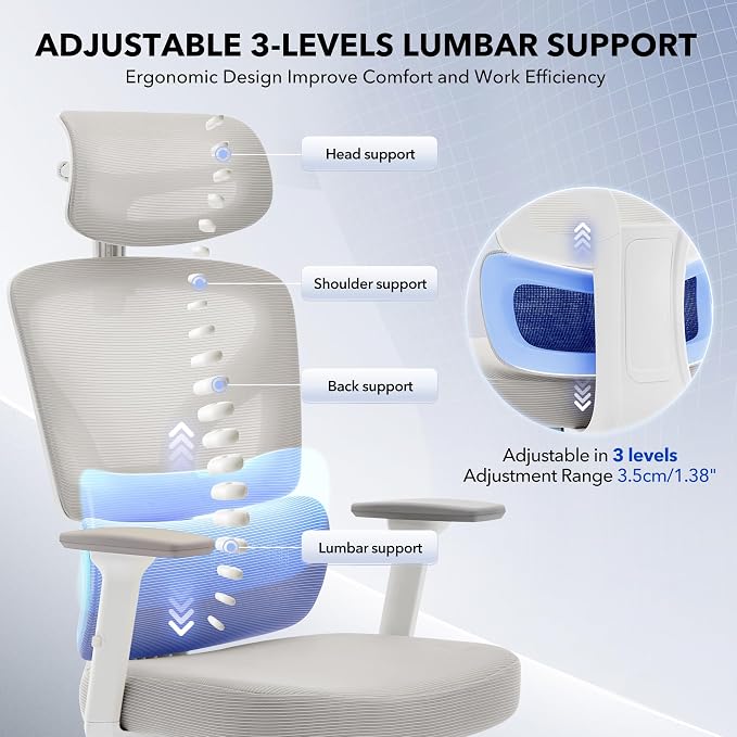 Office Chair Ergonomic Desk Chair - Home Mesh Office Desk Chair with Adjustable Lumbar Support, High-Back Computer Gaming Chair with Headrest 3D Armrests, Rolling Swivel Task Chairs for Home, Office
