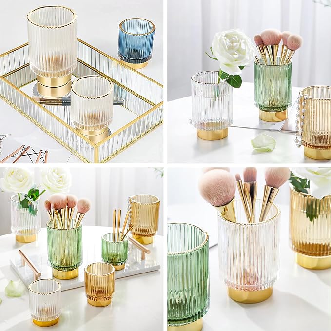 DASITON Makeup Brush holder Organizer,Crystal Cosmetic Makeup Brush Glass Brushes Storage Holder, Vintage Make Up Brush Cup Pen Pencil Holder striped vase(Clear L)