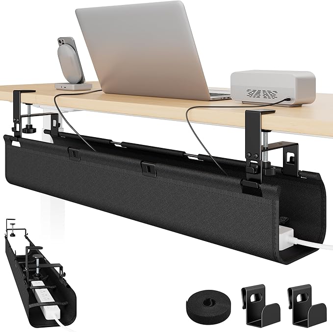 No Drill Under Desk Cable Management Tray, 31.5" Fabric Organizer | Clamp/Screw Premium Mount Cord Holder, for Power Strips, Adapters, with 2 Hooks & 1 Tie Roll for Home Office Gaming, Black