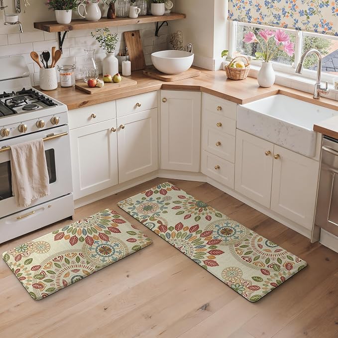 GENIMO Anti Fatigue Kitchen Mats for Floor 2PCS, Cushioned Standing Mats | 17.3"x47"&17.3"x30", Beige Red vintage floral rug set, waterproof, non slip, easy-clean for farmhouse