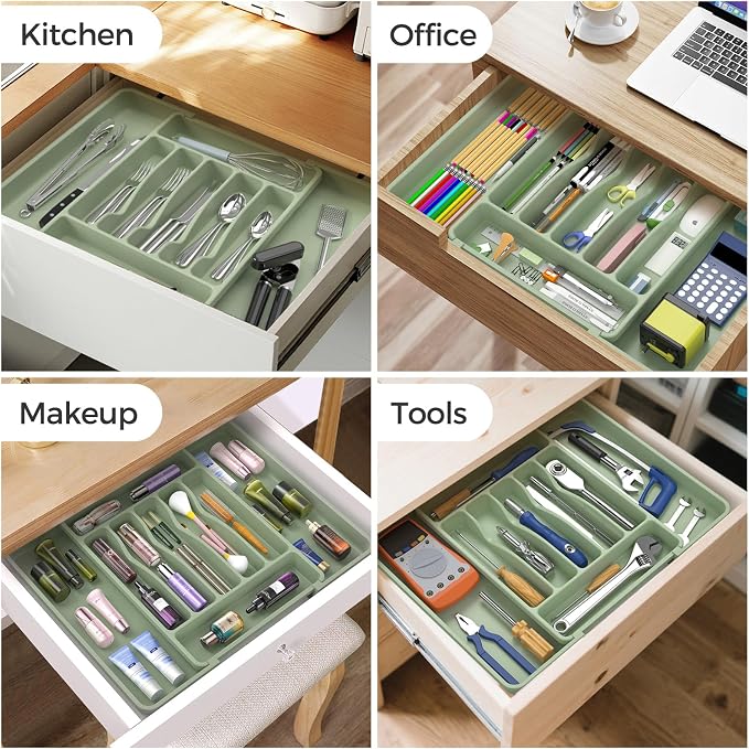 ukeetap Extra Large Expandable Silverware Organizer, BPA-Free Food-Safe Cutlery Flatware Organizer, Kitchen Utensil Drawer Organizer, Adjustable Silverware Holder for Spoons Forks Knives, Green