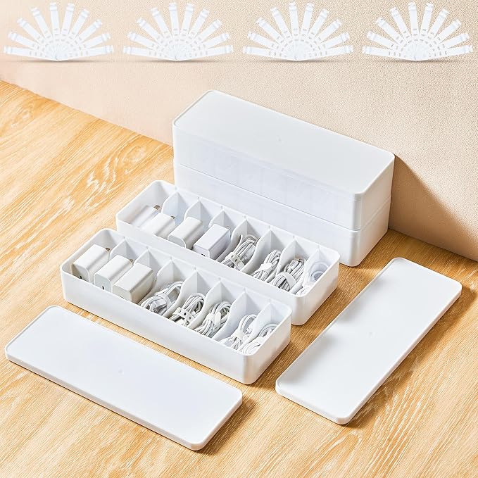 Tatuo 4 Pcs Cord Organizer for Drawer Desktop, Cable Organizer Box with 8 Compartments and Wire Ties, Plastic Charger Storage with Lid, Electronics Case for Home Office Accessories (Small,White)
