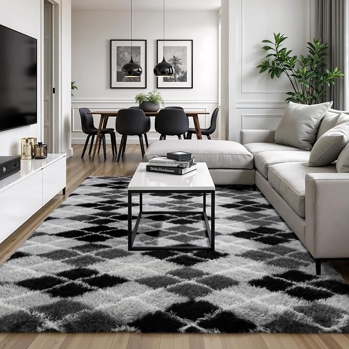 Zentavio Area Rugs for Living Room Rugs for Bedroom 4x6 Carpet Fluffy Fuzzy Soft Shag Aesthetic Plush High Pile Gray Throw Rug for Nursery Kids Room Dorm Diomond Black