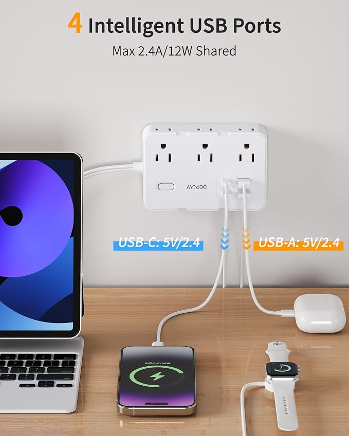 DEPOW 2 Prong to 3 Prong Adapter Power Strip - 6 Outlets & 4 USB Ports (2 USB-C), 1050J Two Prong Surge Protector, 5FT Extension Cord, Wall Mount - Ideal for Old Houses Non-Grounded Outlets
