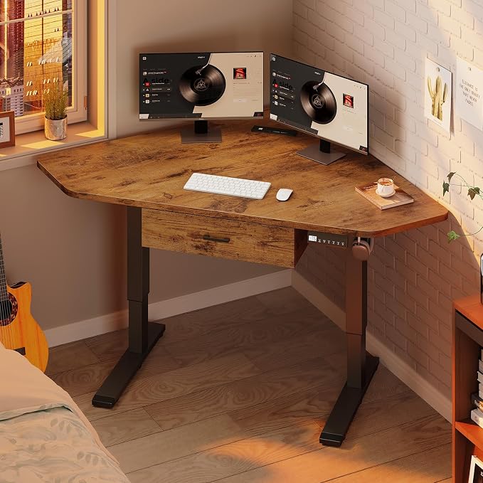SEDETA Corner Electric Standing Desk with Drawer for Gaming, Small Space | 32'' Small Height Adjustable Computer Desk, Stand up Home Office Writing Desk, Rustic Brown