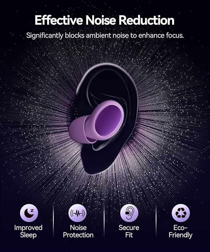 45dB Ear Plugs for Sleeping Noise Cancelling Ear Plugs for Noise Reduction & Snoring, Concerts, Earplugs for Sleep,Sider Sleepers Airplane, Silicone Earplugs Reusable Concert Ear Plug Case Pale Violet