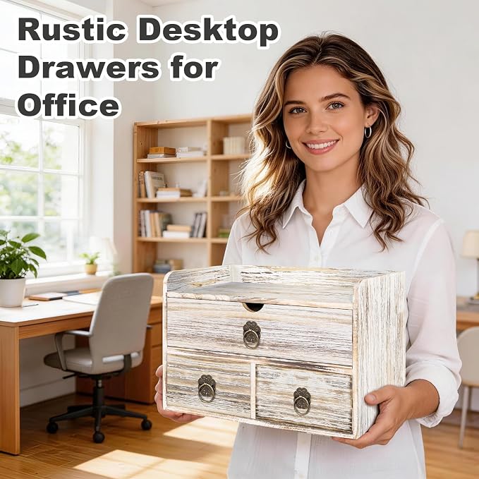 Wood Desk Organizer with Drawer, Vintage Brown Wooden Desktop Organizer, Tabletop Storage Organization Box for Countertop, Home Office Supplies, 13.5x6.6x8.2 Inch(3 Drawer and Shelf)