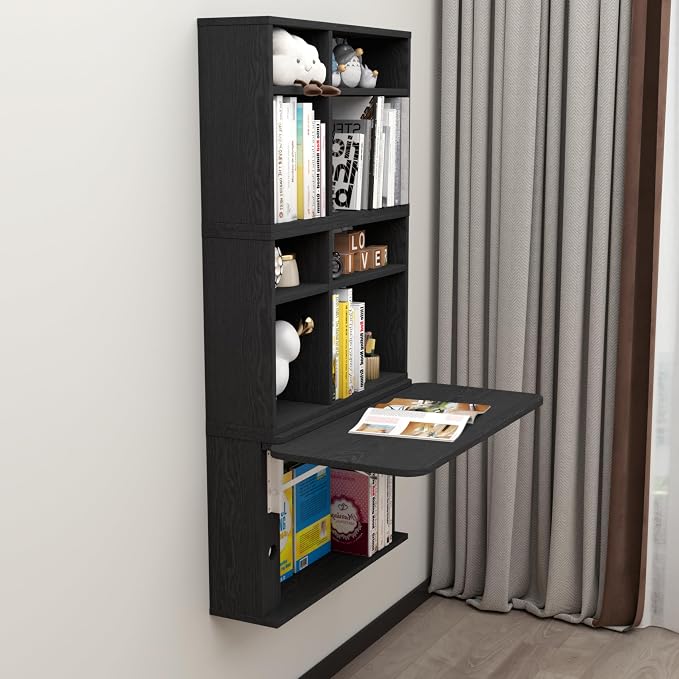 Floating Desk with Storage Shelves, 82'' Wall Mounted Desk Laptop Writing Study Table, Folding Drop Leaf Table, Multifunctional Computer Workstation for Narrow Small Space
