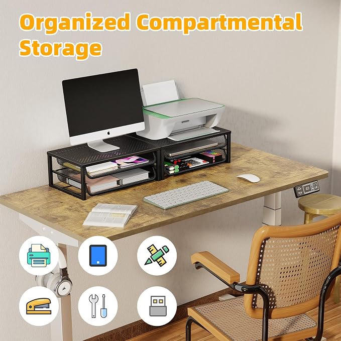 Ekisemio 2-Pack 2-Tier Monitor Stand Riser with Drawer, Metal Computer Desk Organizer for Home Office, Black