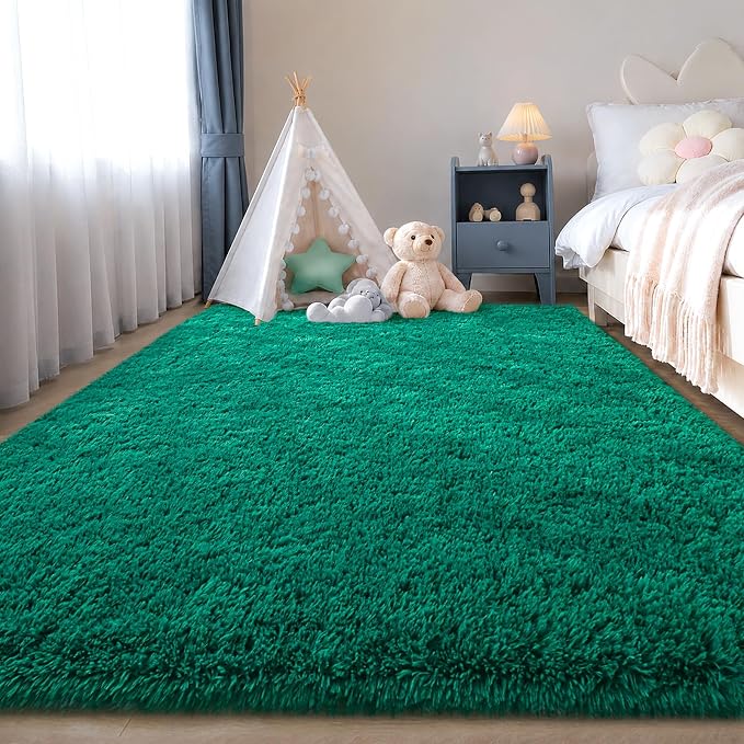 Zentavio Area Rugs for Living Room Small Carpet for Bedroom 3x5 Bedside Washable Soft Fluffy Shag Aesthetic Plush High Pile Throw Rug for Nursery Kids Room Dorm Room Green