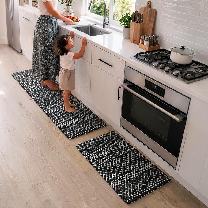 KIMODE Kitchen Mats Cushioned Anti Fatigue, Black Farmhouse Kitchen Rugs Sets of 2, Padded Kitchen Floor Mats, Non Slip Standing Mats for Sink Laundry Office Desk 17"x59"+17"x29"