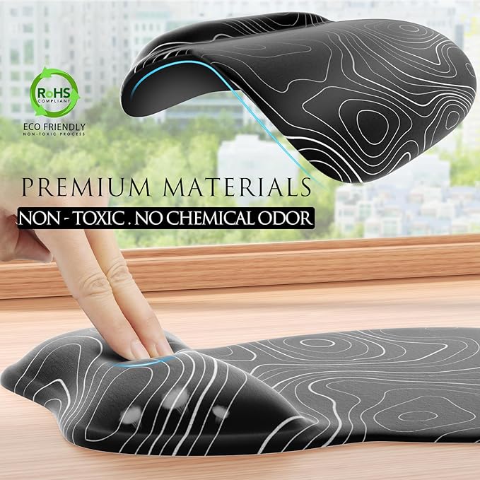 MROCO Ergonomic Mouse Pad with Gel Wrist Rest, Smooth Wrist Support Surface, Non-Slip PU Base for Pain Relief, Comfortable Mousepad for Computer, Laptop, Office & Home, 9.4 x 8.1 in, Black Topographic