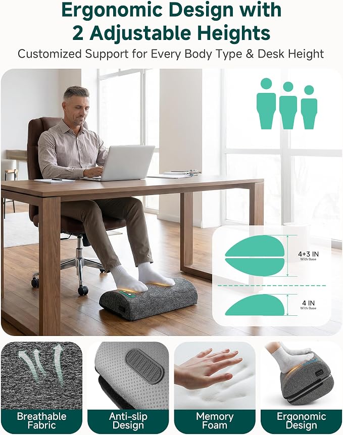 Vibration Foot Rest with Heat & Swing Function, Adjustable Ergonomic Footrest for Under Desk, 3 Graphene Heat Levels, 3 Massage Modes, Timer, Office & Home Relaxation Foot Stool, Gifts for Men Dad