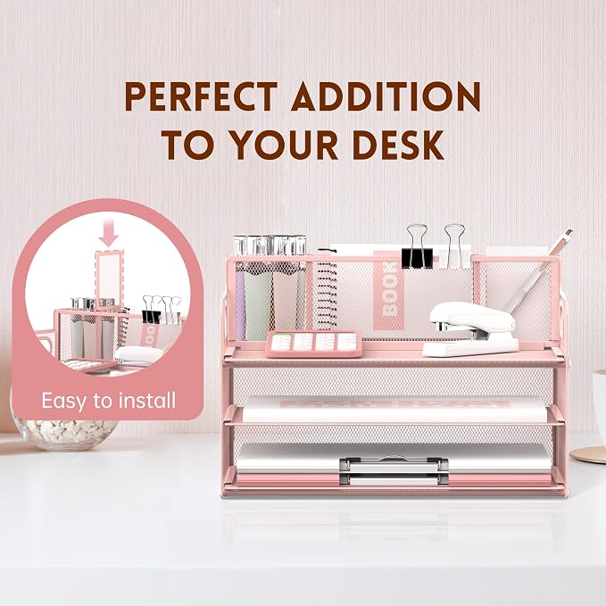 3-Tier Desk Organizer with Pen Holder and Handles, Paper Organizer, Pink | Desk Organizer and Paper Organizer for Desk with Pen Holder, Paper Trays and Handles for Files, Mail and Office Supplies