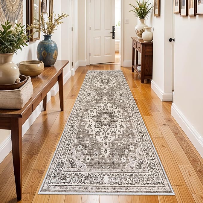 Washable Oriental Hallway Runner Rug - 3x8 Rugs for Living Room Soft Carpet for Bedroom Kitchen Waterproof Floral Distressed Indoor Stain Resistant Non-Shedding Floor Carpets (Beige, 3X8)