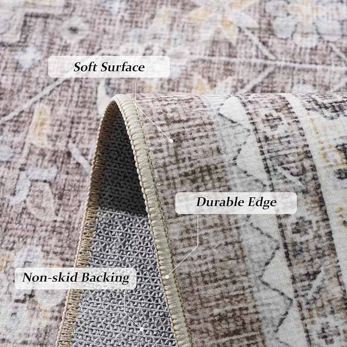 3x6 Washable Hallway Runner Rug:Oriental Indoor Kitchen Rugs Vintage Door Mat Non Slip with Rubber Backing Low Pile Thin Carpet for Bedroom Bathroom Living Room Bedside (3x6 Brown/Beige)