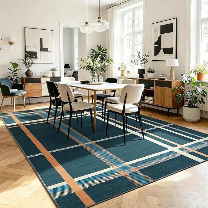 Terrug Plaid Area Rug for Living Room, Blue 5x7 Checkered Rugs Washable with Non Slip for Bedroom, Soft Low Pile Stain Resistance Abstract Carpet for Dinning Room