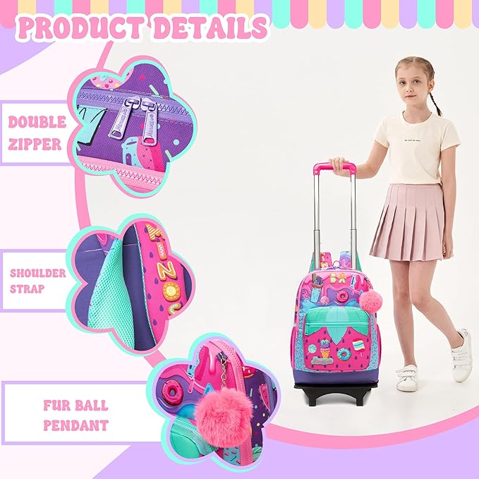 Girls Rolling Backpack for Kids Ages 8-12 Wheeled Backpack for Kids Backpacks for Girls with Lunch Bag Back to School Supplies Kit