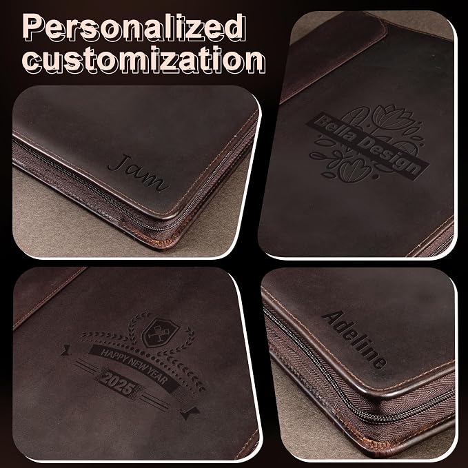 Personalized Genunie Leather Portfolio Binder, Customized Leather Portfolio for Men/Women,Business Portfolio Organizer for A4 Size Notepad, Customized Gift