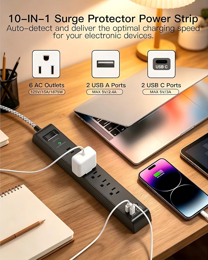 Flat Plug Extension Cord, Surge Protector Power Strip 15FT, 10-in-1 with 6 AC Outlets 4 USB Ports(2 USB-C), Extension Cord with Multiple Outlets, Wall Mountable, 1080J Surge Protection, Black